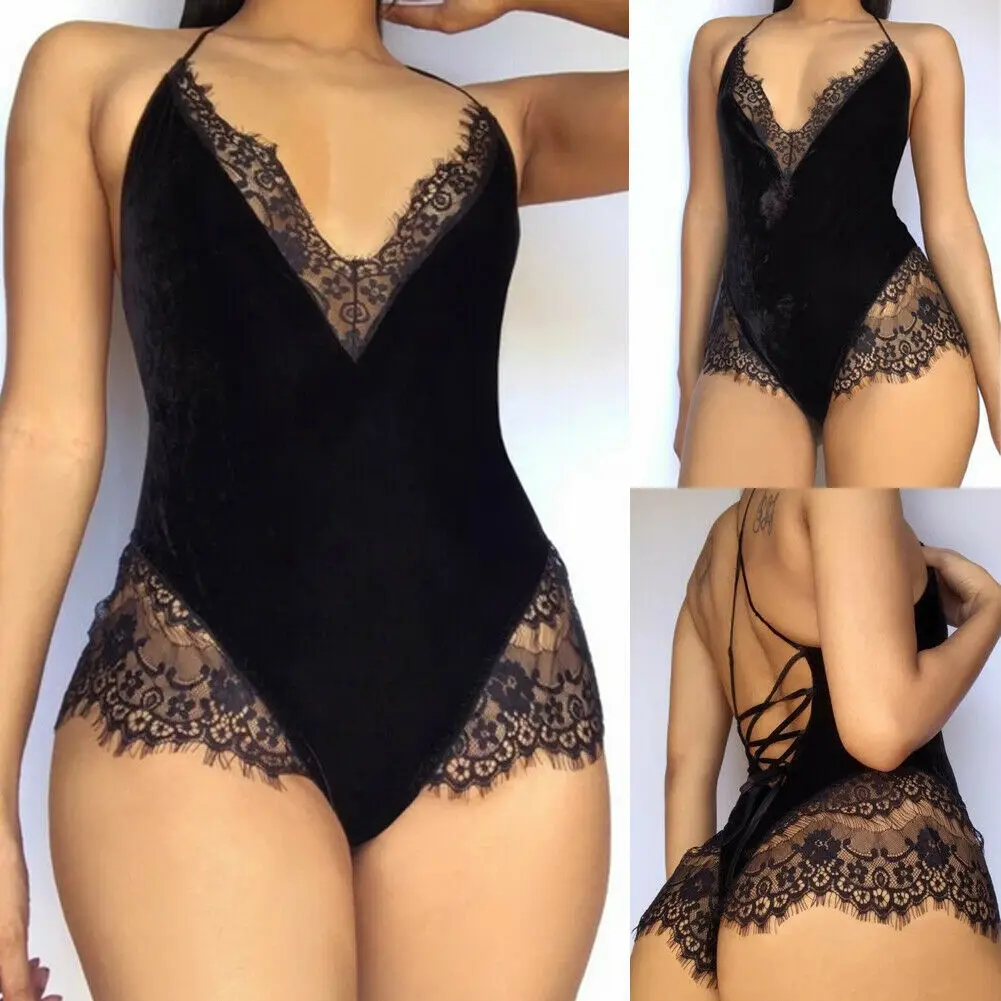 

Women Sexy Nightwear Lace Splicing Backless Lingerie Lace V Neck Halter Babydoll Sexy Erotic Lingerie Sleeveless Pajamas