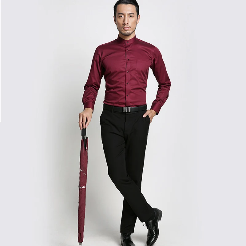 Мужская рубашка из чистого хлопка с воротником Мандарин однотонная мужская