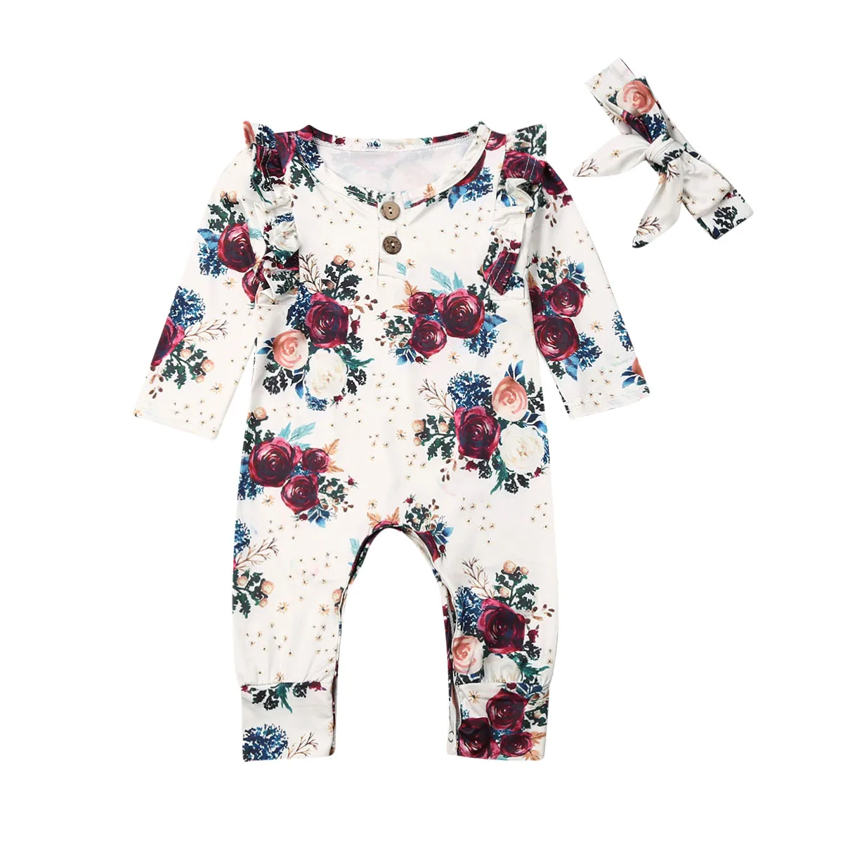 

Autumn Fashion Newborn Baby Girl Clothes Long Sleeve Flower Romper Jumpsuit Headband Cotton Casual Flower Print Outfit Clothes