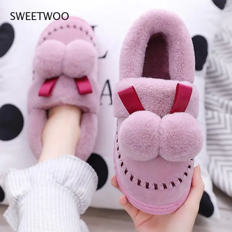 

Women Cotton Rabbit Ears Slippers Warm Plush Indoor Autumn Winter Slippers