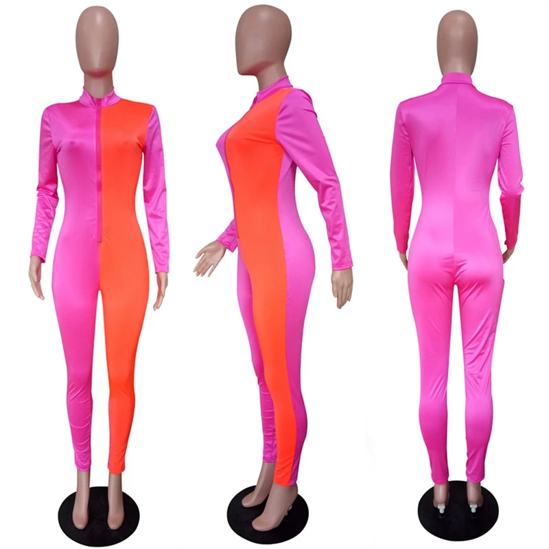 

Contrasting color skinny jumpsuit ladies one-piece casual long-sleeved sportswear jumpsuit autumn stretch streetwear suit