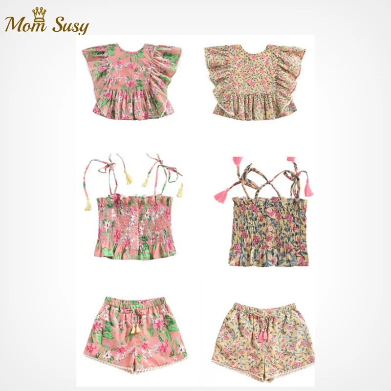 

Summer Baby Girl Floral Embroidered Ruffle Top Braces Shirt Top Shorts For LM New Series