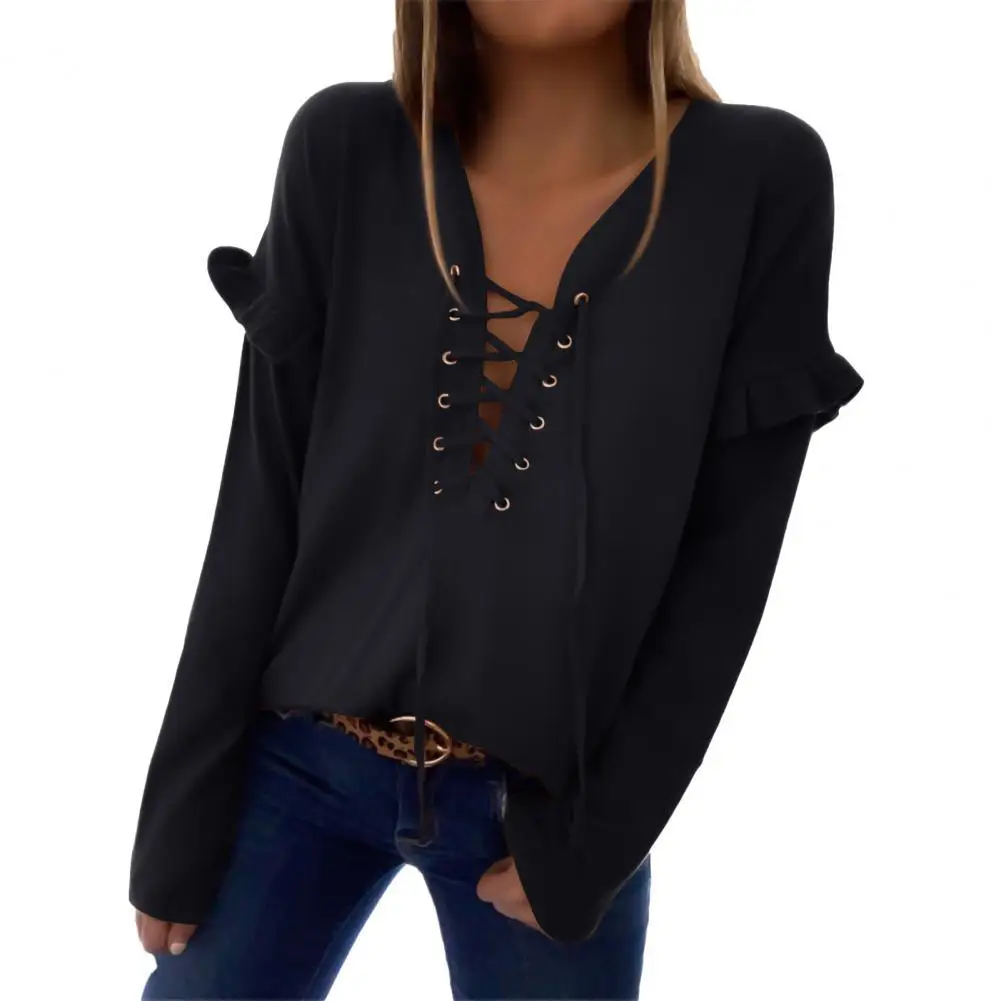 

Vrouwen Elegante V-hals Oogje Lace-Up Blouse Shirts 2020 Herfst Winter Vintage Effen Ruche Lange Mouwen Top Dames Casual trui
