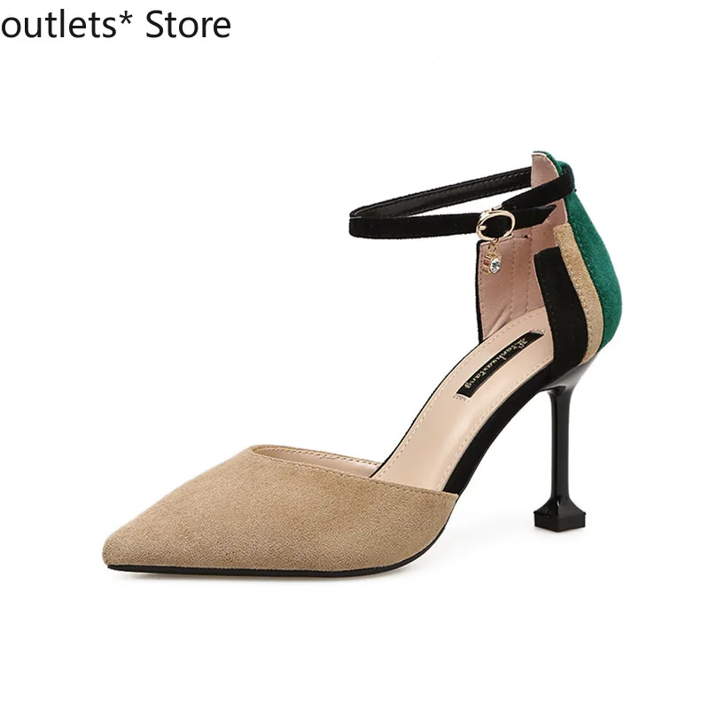 

New Women's High-heeled Shoes Color Matching Spring and Autumn Pointed Pointed Thin Heel Buckle Hollow Sandals Women