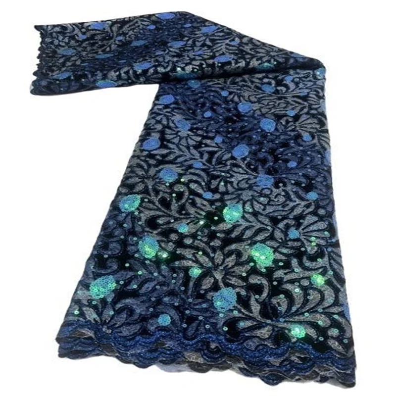 

Blue Hot Sale Sequin Lace Fabrics African Lace Fabric High Quality Nigeria French Flocking Mesh Lace Fabric for Bridal Material