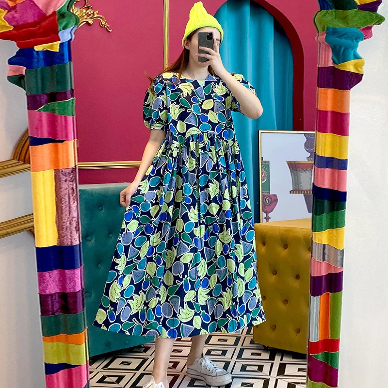 SHENGPALAE 2021 New Summer Women Vintage Loose High Waist Slim Was Thin Elegant Fruit Printing Big Swing Maxi Dress ZA4803 | Женская