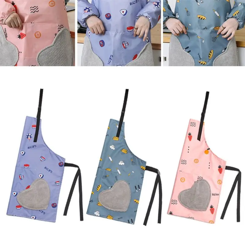 

Women Men Waterproof Oil Erasable Kitchen Apron with Pocket Hand Wiping Quilt Cute Cartoon Fruit Bread Printed Chef Bib
