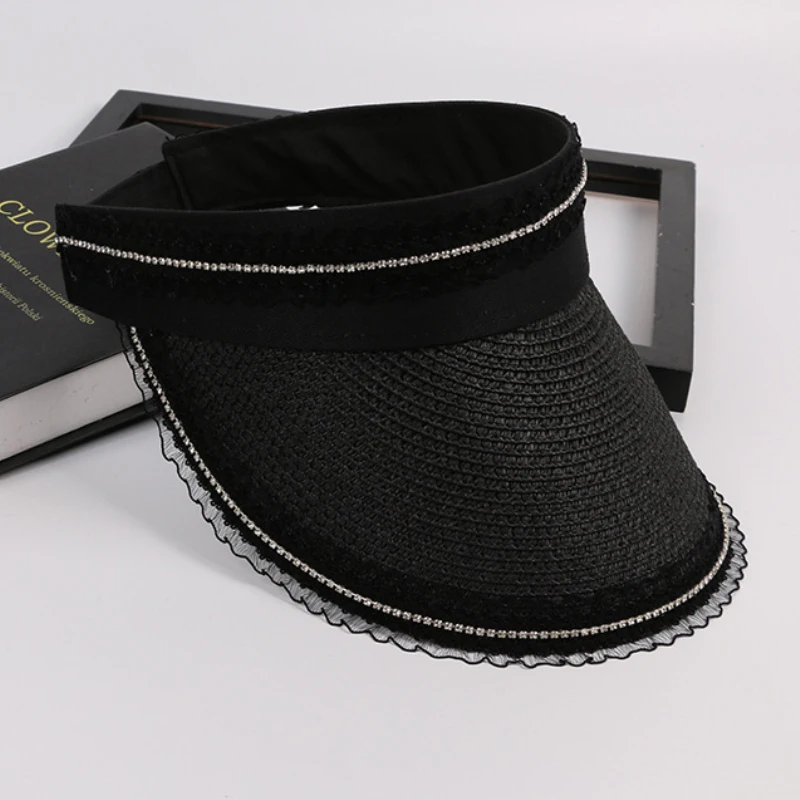 

HT3151 New Lace Trim Straw Hat Women Summer Visor Cap Ladies Packable Wide Brim Beach Sun Hat Female Beach Cap Women Visor Hat
