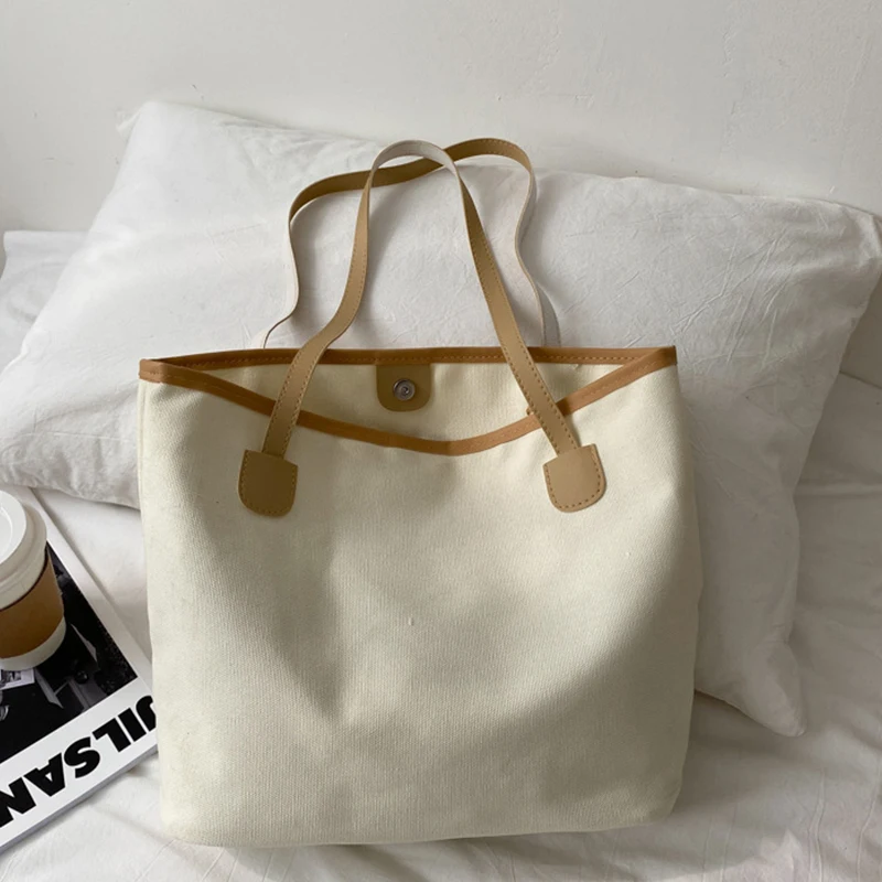 

Casual Large Capacity Tote Bag Women Canvas Handle Bag Fashion Shoulder Bag Simle Lady Shopping Handbag Solid Color Tote Pouch