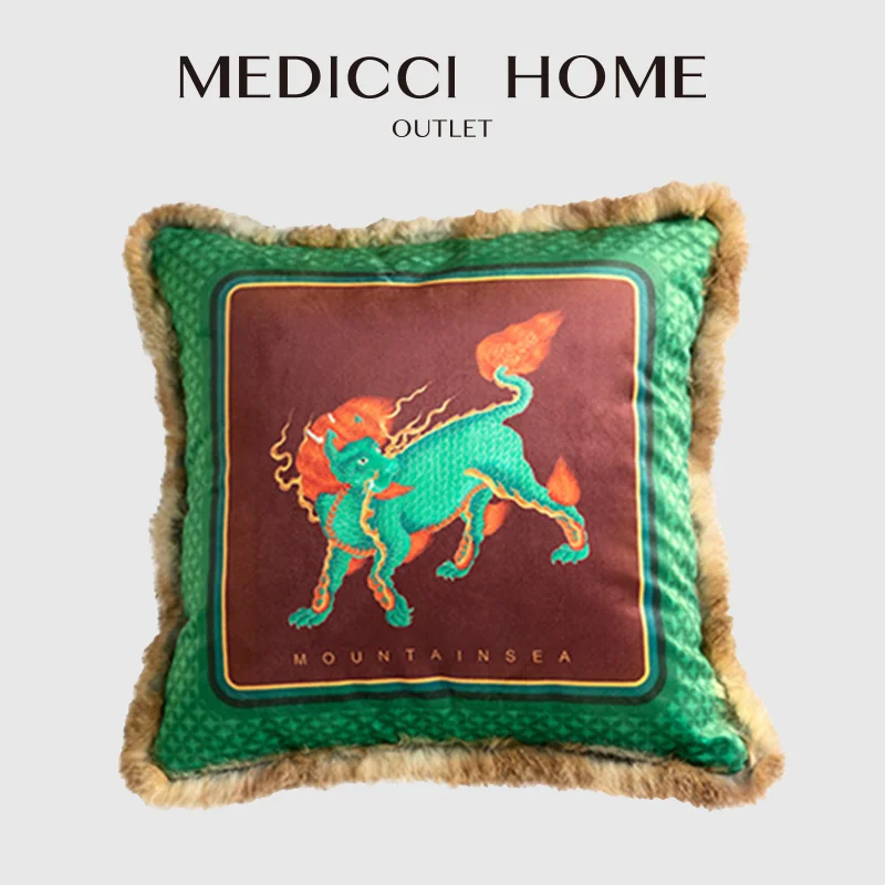 

Medicci Home Mythological Animals Cushion Cover Chinese Ancient Mascot Kirin Print Lush Velvet Throw Pillow Case Chic Home Decor
