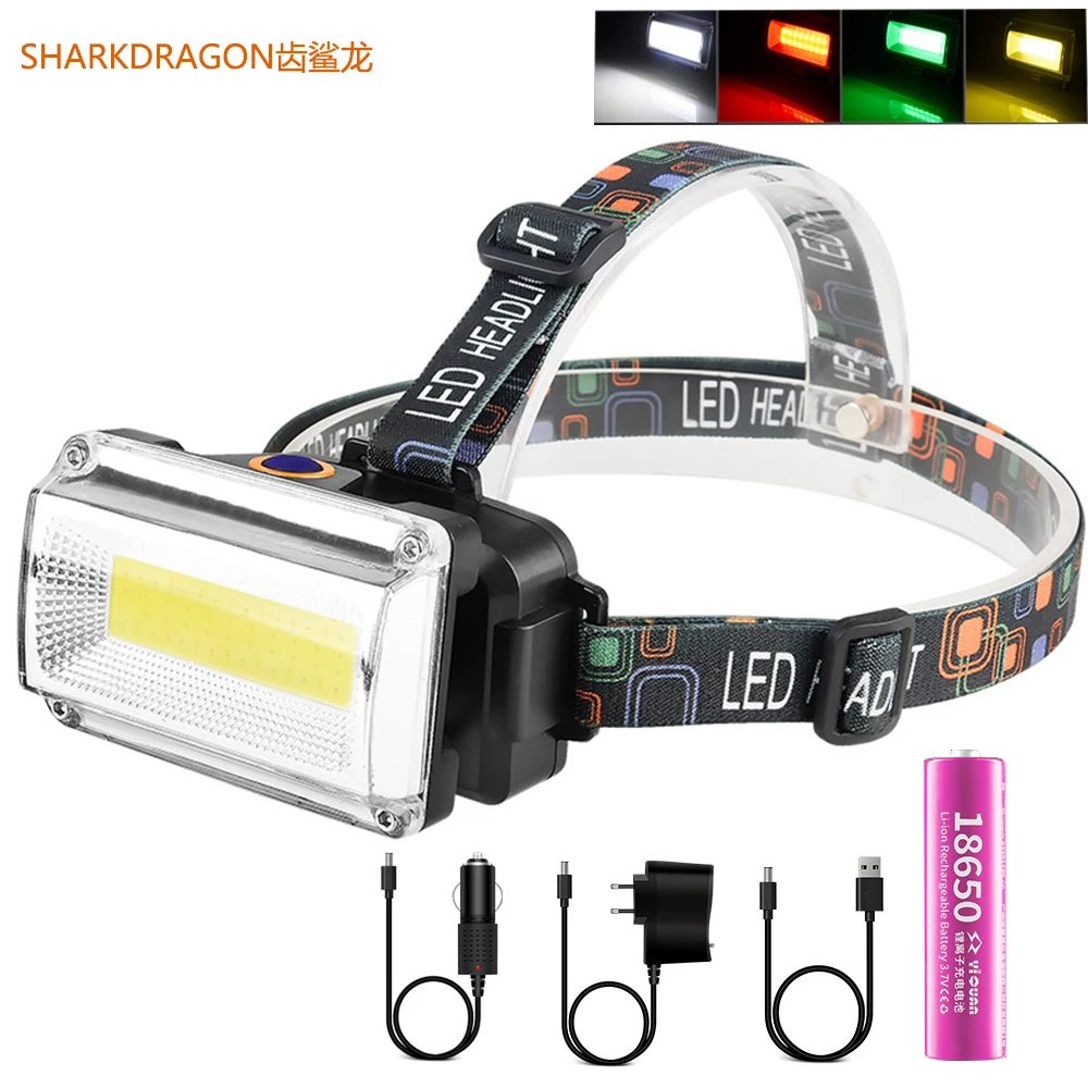 

COB рабочий светодиодный налобный фонарь DC перезаряжаемый налобный фонарь 4 режима использование батареи 18650 Водонепроницаемый охотничье ры...