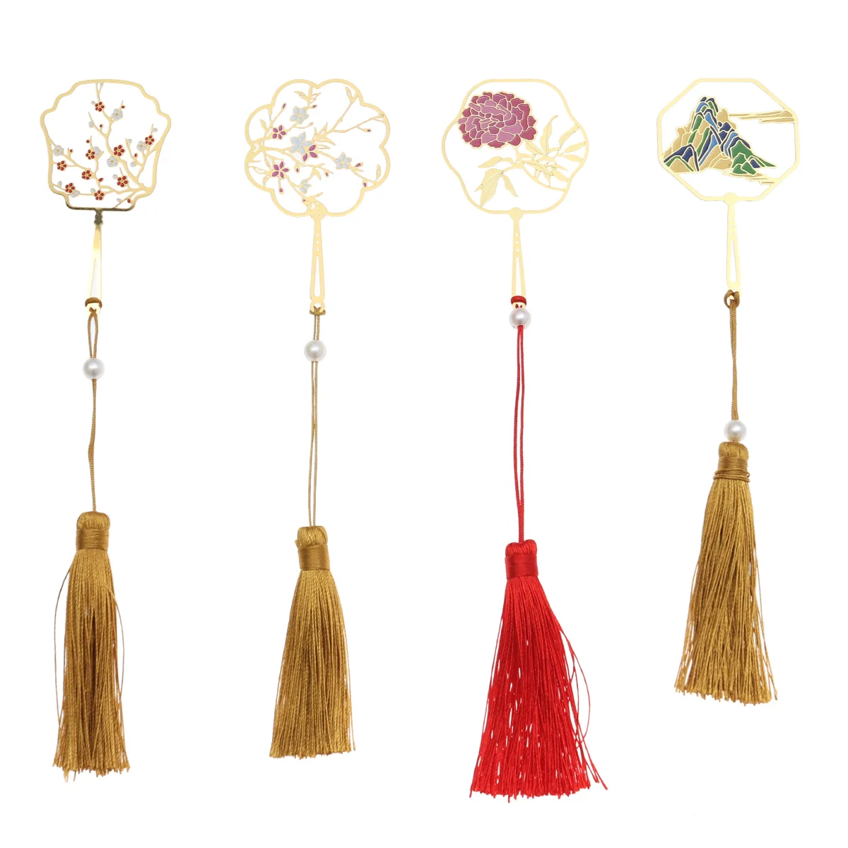 

4pcs Creative Brass Bookmarks Vintage Chinese Traditional Style Metal Fan Shaped Bookmarks for Stationery Gifts (Red Plum Fan +