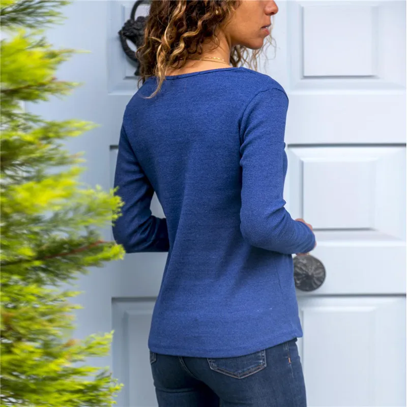 

2020 autumn and winter new casual solid color V-neck long-sleeved ladies top female Slim Button T-Shirt woman tshirts ropa mujer