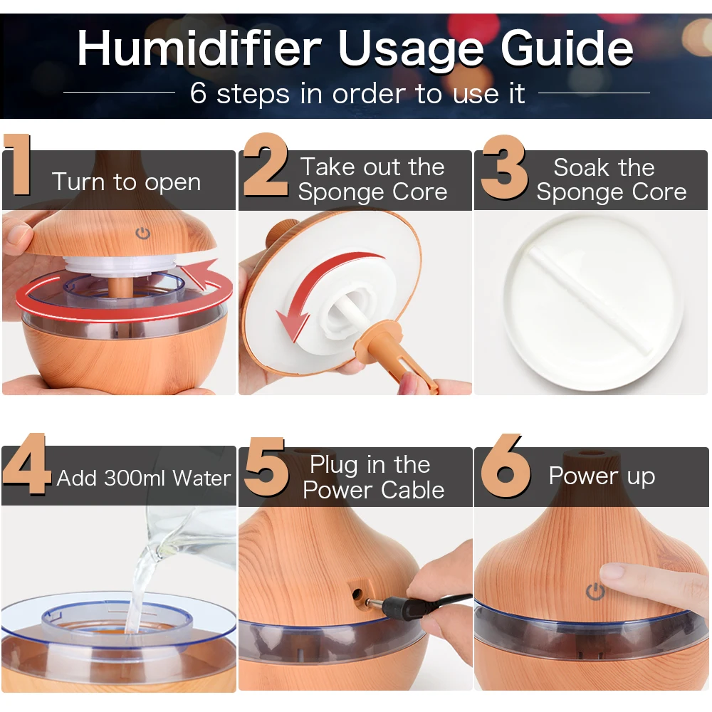 

300ML USB Air Humidifier Electric Aroma Diffuser Mist Wood Grain Oil Aromatherapy Mini Have 7 LED Light For Car Home Office