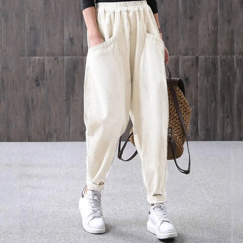 Винтажные стильные Вельветовые женские брюки с эластичной талией повседневные