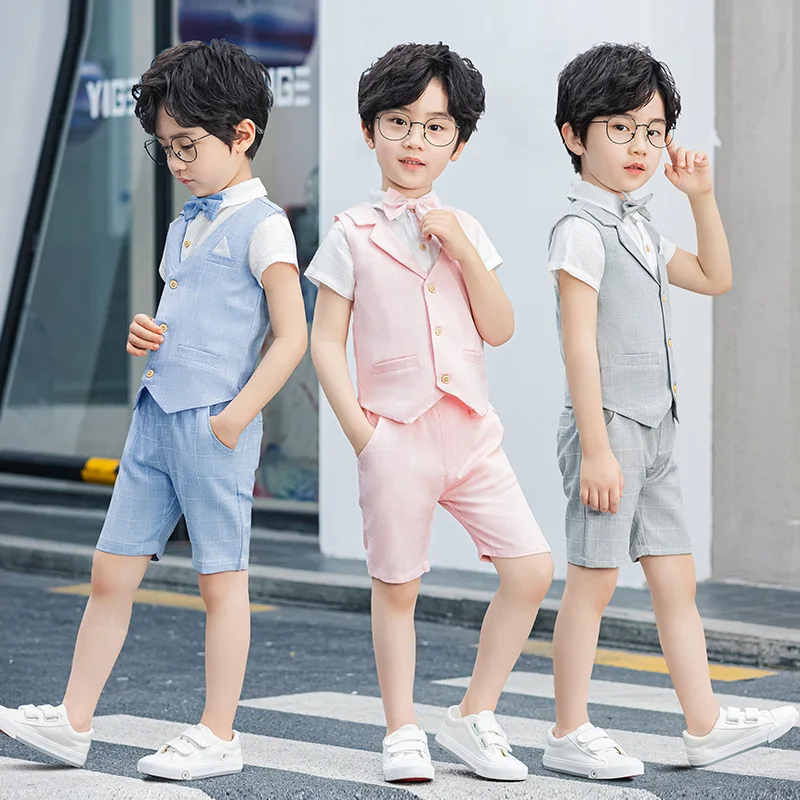 

New 2021 Summer Children Performance Clothing Sets Baby Big Boys Plaid Vest Shorts Blouses Bow Suits Kids Formal Clothes Outfits
