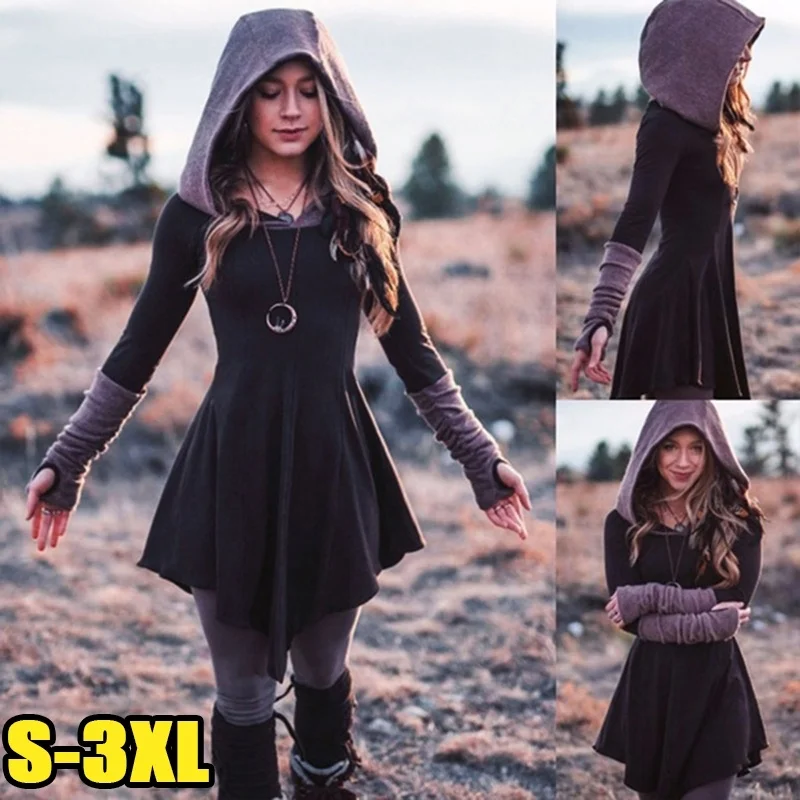 Женское модное готическое платье с капюшоном приталенное плиссированное