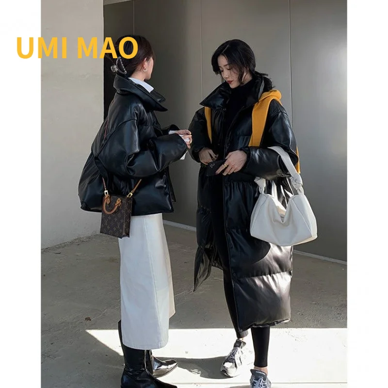 

UMI MAO Korean Pu Leather Stand-collar Cotton Jacket Women's New Women's Winter Loose Bright Bread Mid-length Parka Women Y2K