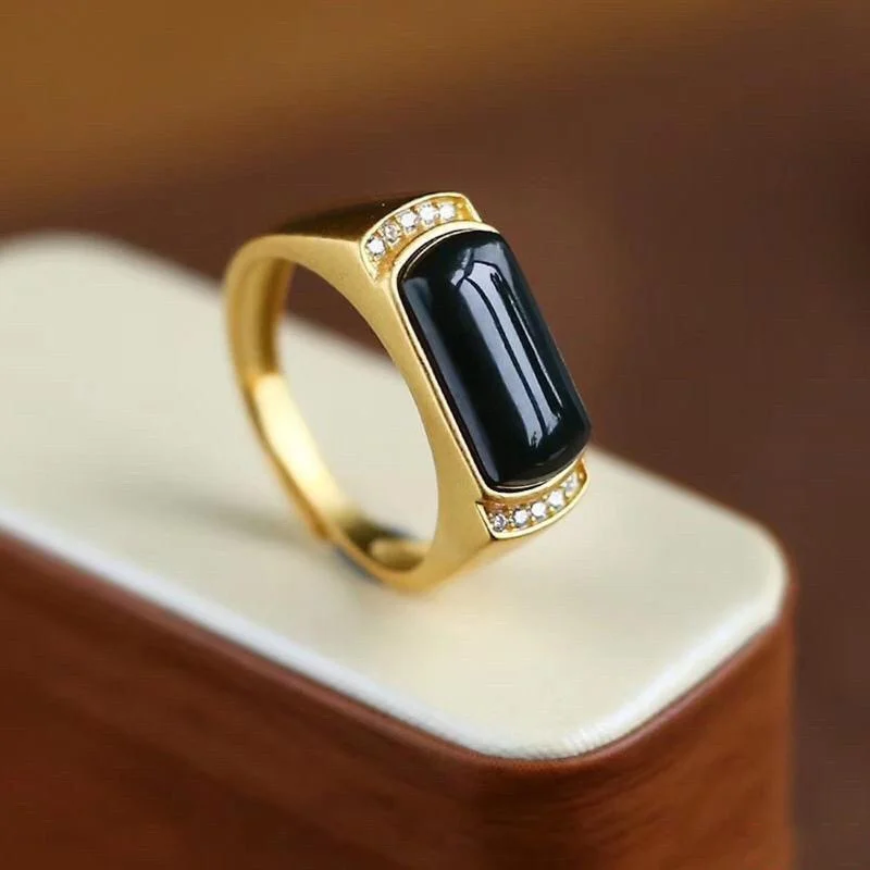 

New Vintage long Obsidian smooth gold plated men's and women's open ring