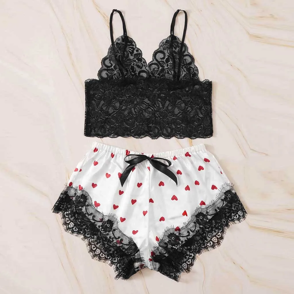 

DUOBLA pijamas women Sets pijama Lady Summer sleepwear shorts Pajamas Lace Silk Print Sexy v neck Sleeveless Satin nightgown