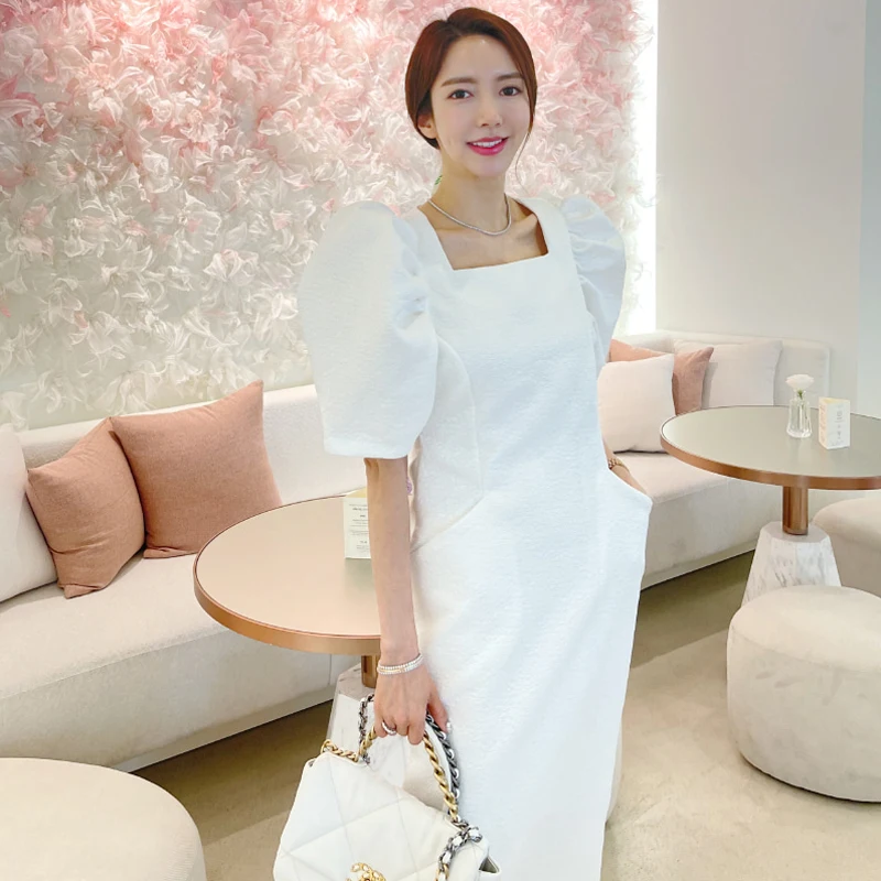 

white dress summer short puff sleeve sheath long maxi dresses women square collar elegant casual party dress T0229