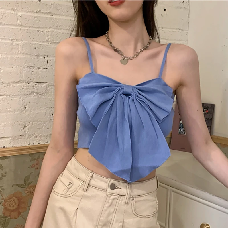 

Knitting Crop Tank Tops Women Bow Solid Short Halter Sleeveless Cropped Low Knitted Camis Female Summer 2021 Corset Top Mujer