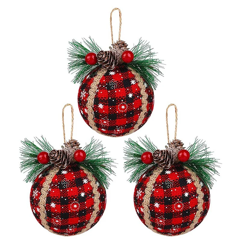 

Christmas Lattice Ball Ornaments, Black and Red Buffalo with Pine Cones and Green Belt, Christmas Tree Ornaments (3 PCS)