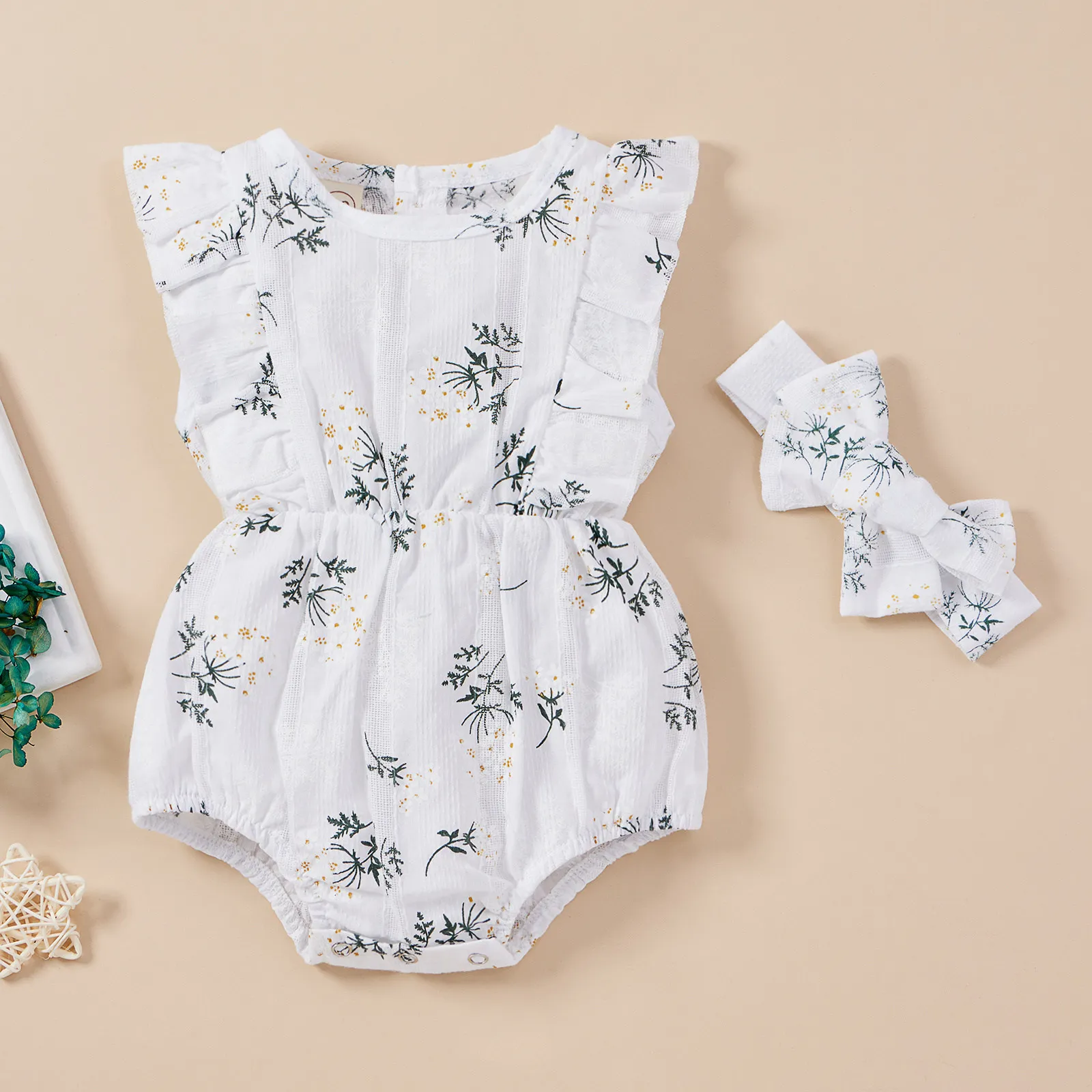 

2Pcs Sweet Style Baby Girls Outfit Toddlers Summer Creative Floral Plant Printing Flouncing Fly Sleeve Romper + Bow Headwear