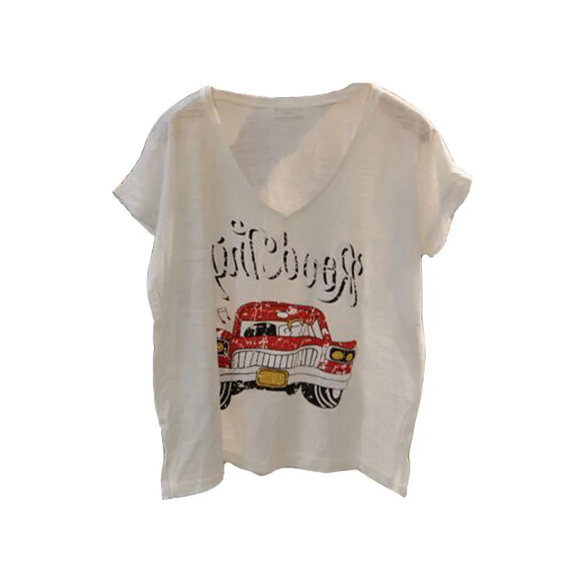 

dongdamen 2021 summer women's clothing Korean loose V-neck printing car slub cotton Pullover short sleeve T-shirt