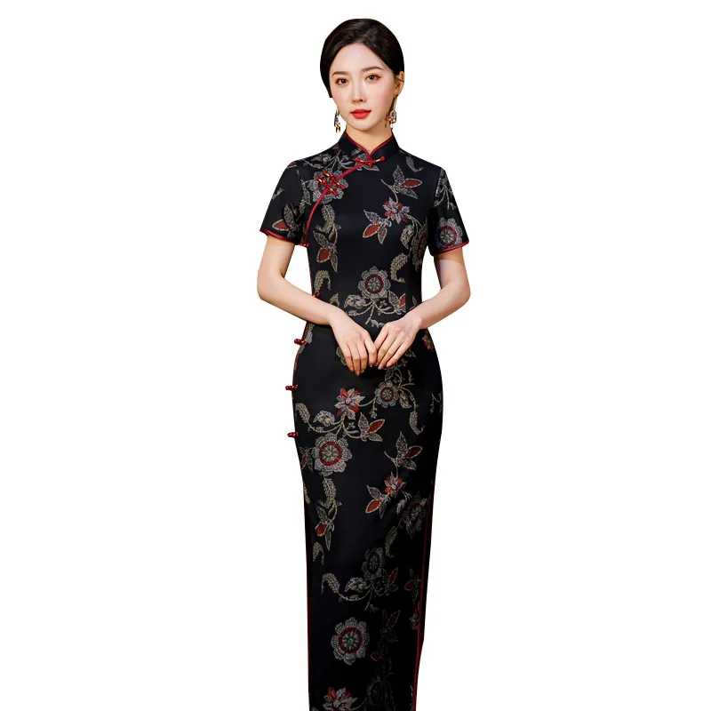 

Chinese Dress Summer Cheongsam Chinese Skirt Temperament Long Skirt Disc Button Party Qipao Wedding Slit Oriental Beauty