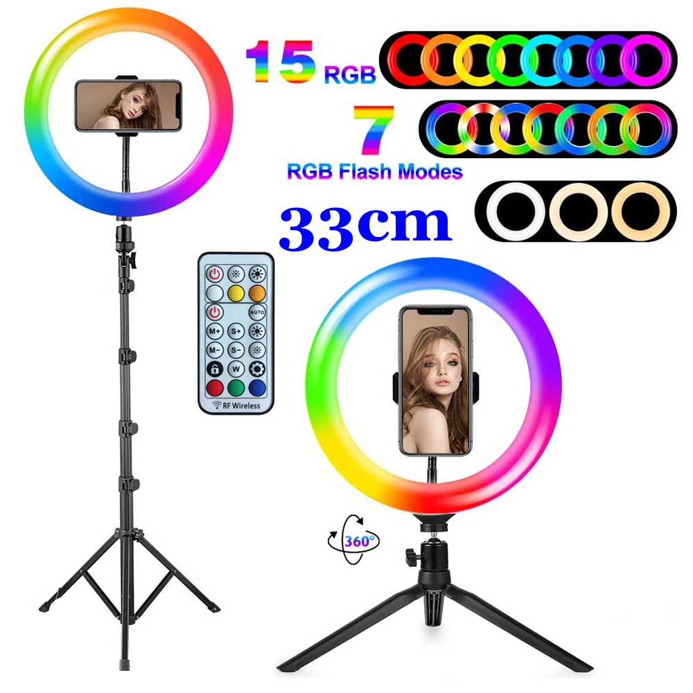 Светодиодная кольцевая лампа для селфи, светильник RGB диаметром 13 дюймов, 33 см, со штативом и держателем для телефона, цветная кольцесветильник лампа для фотографии для Youtube - изображение