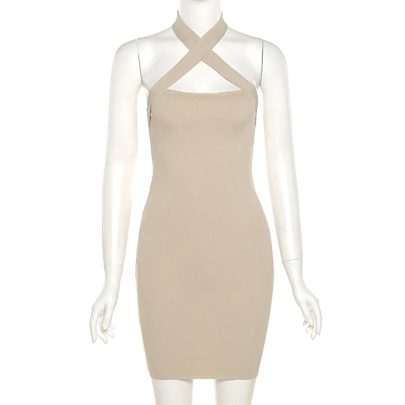 

Fashion Knitted Halter Sexy Bodycon Dress Club Party Backless Sleeveless Summer Holiday Simple Dresses Vestido