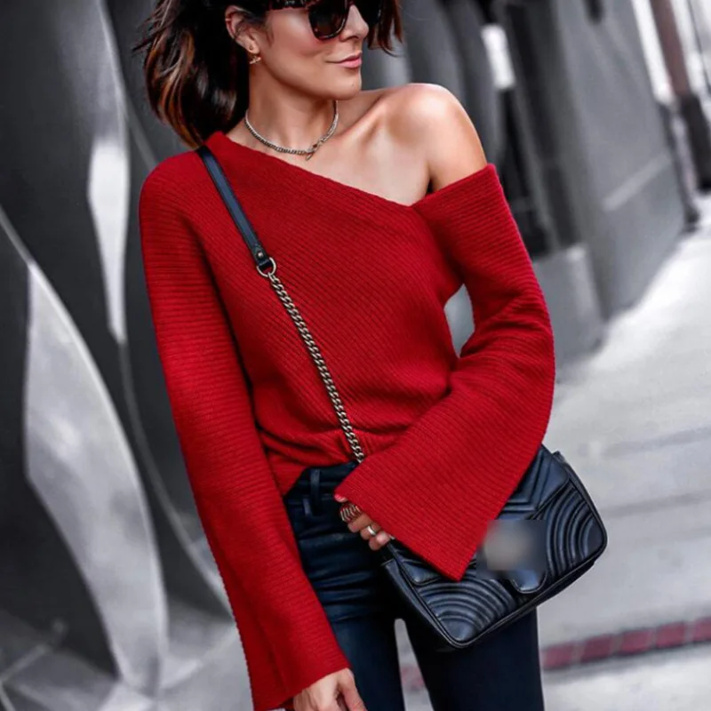 

Womens Off Shoulder Sweater Pullover Fashion Sexy Slim-fit Trumpet Sleeve Round Neck Solid Color Knitted Jumper ouc461