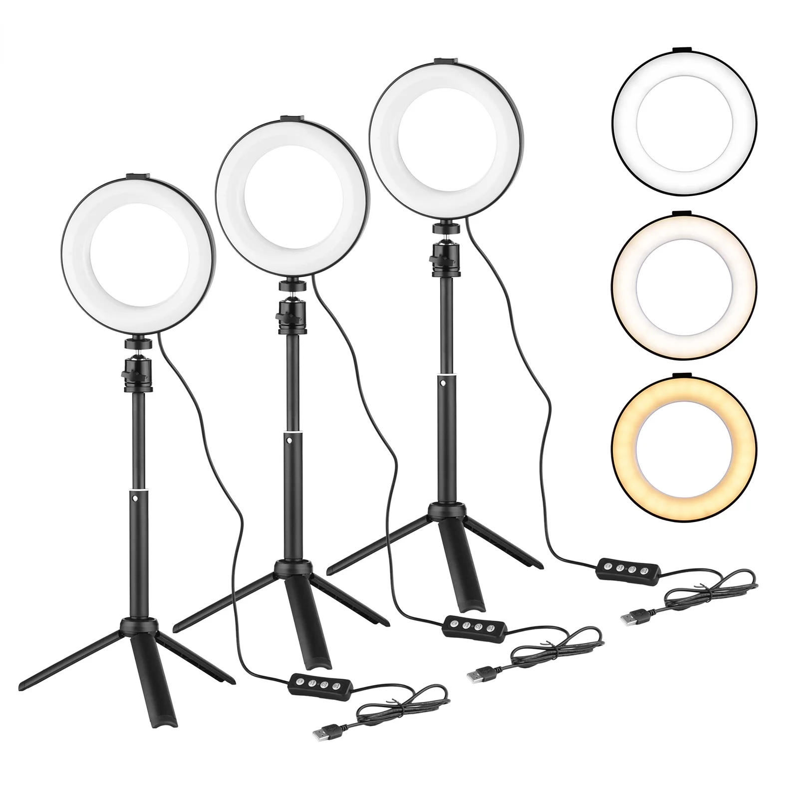 

6” LED Ring Light Kit with Ring Light 3200K-5600K Dimmable USB Powered + Desktop Tripod Flexible Metal for photography