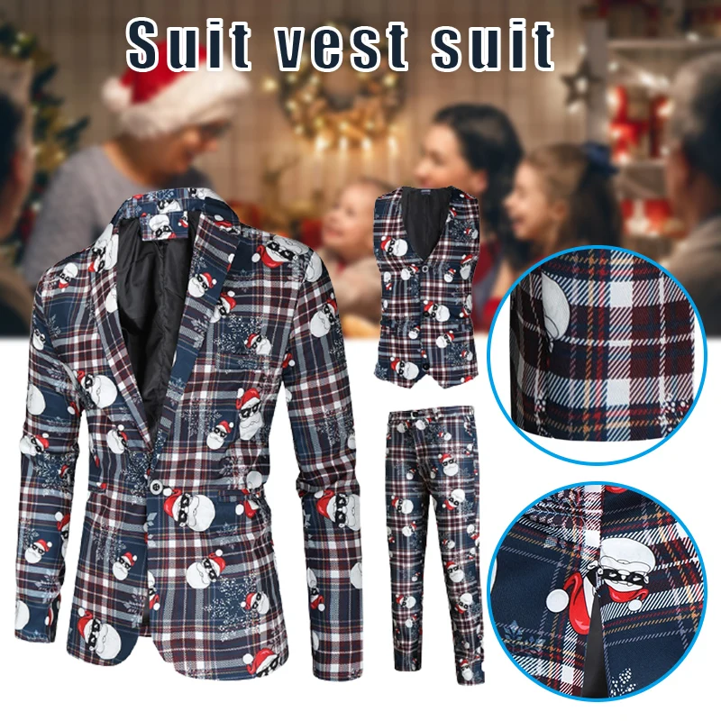 

Men Christmas Print 3-Piece Clothes Blazer Vest and Pants Causal Slim Buttons Suit Festival Supply d88