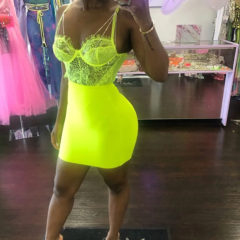 

BKLD Lace Bodysuit For Women Sexy Spaghetti Strap Sleeveless Bodysuits 2019 Summer Neon Green Ladies Bodycon Clubwear Bodysuits