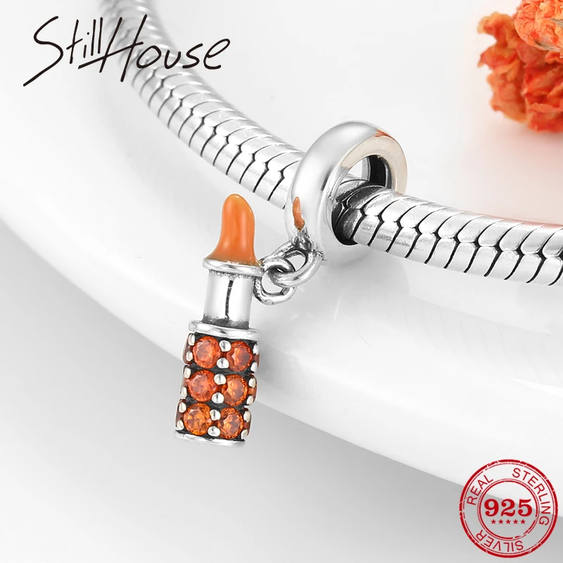 Подлинное серебро 925 пробы оранжевая губная помада эмаль амулеты бусины подходят