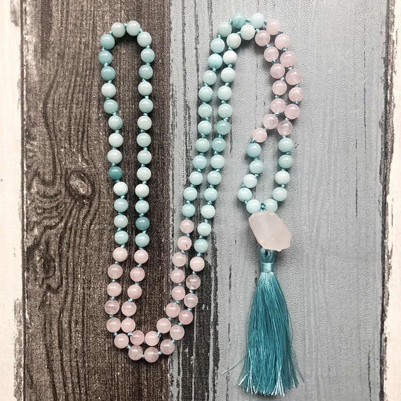 Raw Stone Pendant Mala Necklaces Rose Q-uartz& Amazonite Knotted Necklace 108 Mala Beads Tassel Necklace Womens Gift For Her