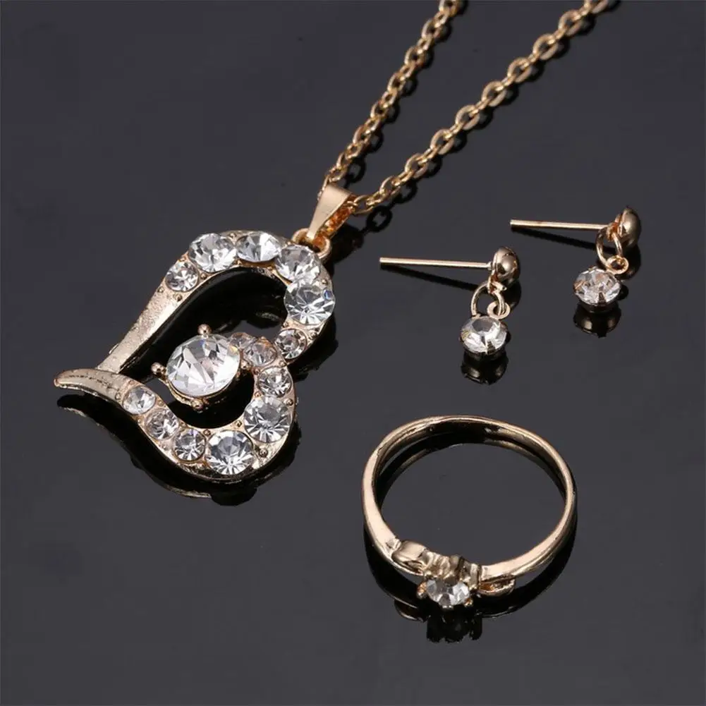 

Luxury Love Heart Pendant Rhinestone Necklace Ring Earrings Women Jewelry Set