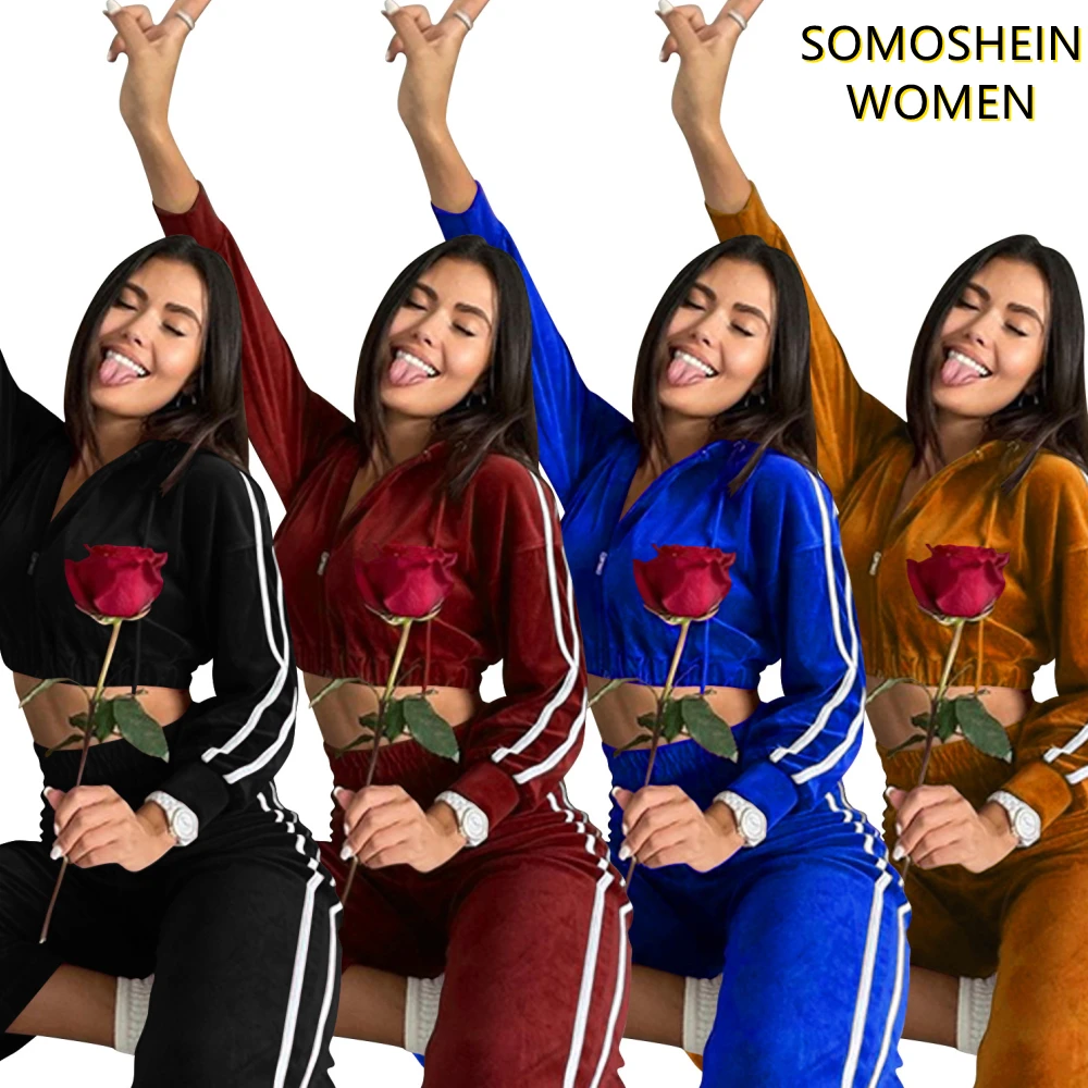 

Somoshein Casual Pure Two Piece Sets Side Striped Pants Suits Hooded Basic Top Conjuntos De Mujer Loose Fall Clothes for Women