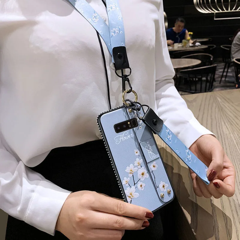 Wrist Strap Soft TPU Case For Samsung Galaxy S7e S8 S9 S10 Plus Note 8 9 10 Pro Vintage Flower Pattern Holder Cover With Lanyard | Мобильные
