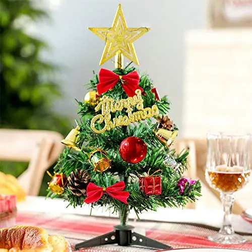 Mini &aacute;rbol de Navidad de 30CM para mesa, decoraci&oacute;n con cadena de luces LED, Cajas de Regalo, adornos colgantes y una estrella, para invierno-0