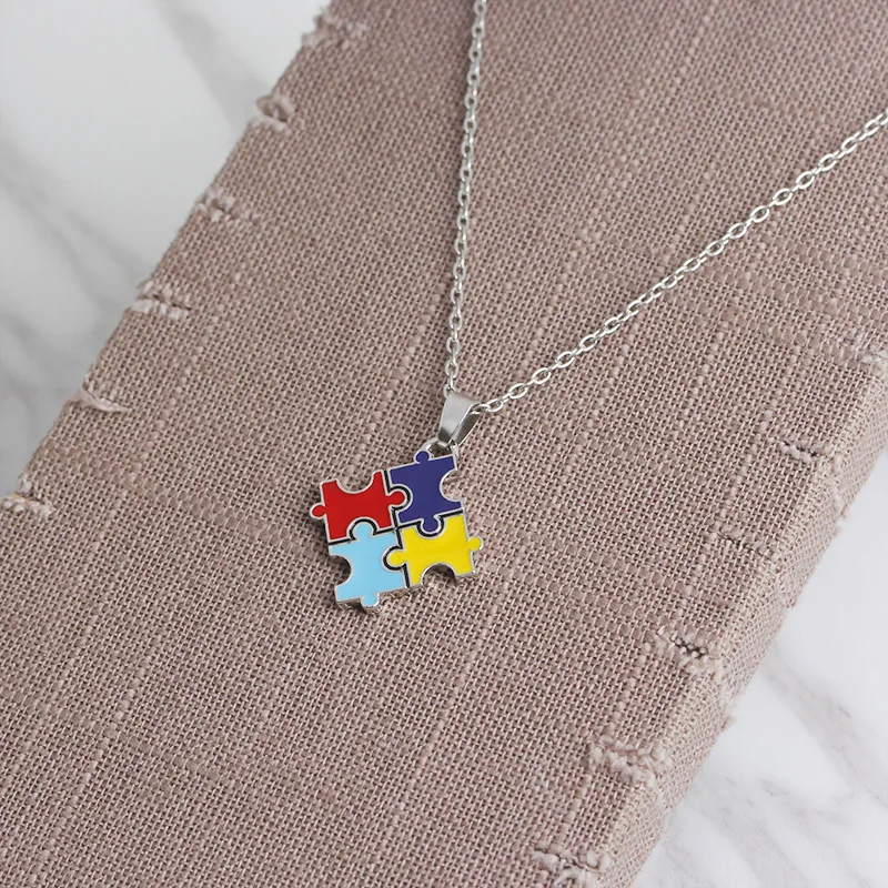 

10 Enamel Colorful jigsaw puzzle pendant necklace Cartoon Kawaii Cubic best friend family gift colorful autism awareness jewelry