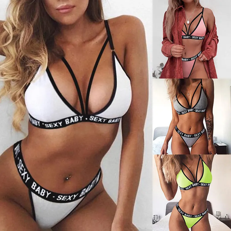 

Sexy Lingerie Set Women Alphabet Printing Solid Color Babydoll Open Bra Set Outdoor Sports Underwear Set Nightwear 3XL Size