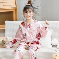 autumn children pajamas set silk homewear casual girls summer thin pijama cardigan suit satin cartoon printed youth girl pyjama
