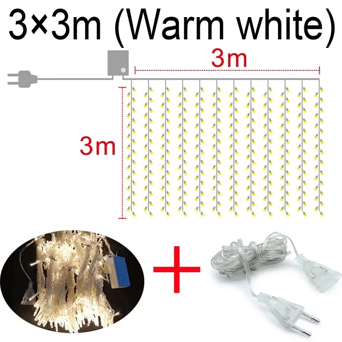 Warm white with line 3x3 м 300 светодиодов для дома, улицы, праздника, рождества, декоративные, свадебные, рождественские гирлянды, сказочные занавески, гирлянды, полосы, Вечерние огни - Испускаемый цвет: Warm white with line