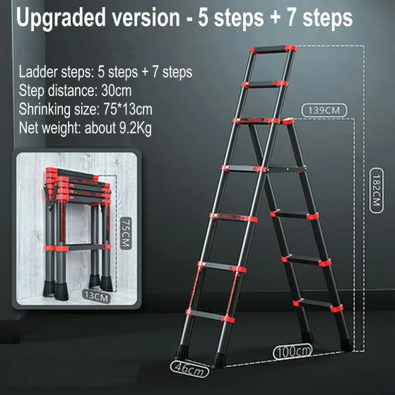 1.39M/1.82M Multi-Function Aluminum Telescopic Ladder Household Trestle Ladder Portable Five-Step Ladder Collapsible Lift Stairs