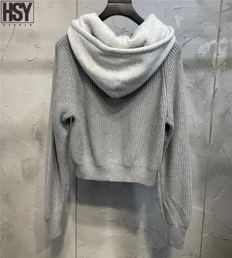 【HSY】2019 New Street-wear Fashion Trend Women Top Casual Easy Match Faded Two Piece Pullover Hooded Sweater Black/Grey |