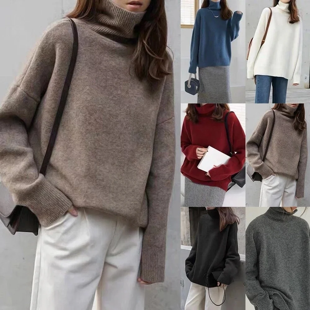 

WYWM Turtle Neck Cashmere Sweater Women Korean Style Loose Warm Knitted Pullover 2021 Winter Outwear Lazy Oaf Female Jumpers