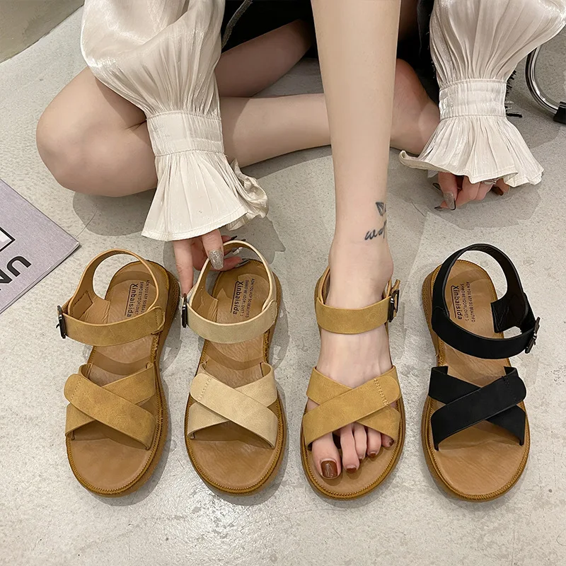 

All-Match Fashion Womens Shoes 2021 Female Sandal Clear Heels Soft Luxury Comfort New Girls Summer Flat Low Beige Buckle Strap P